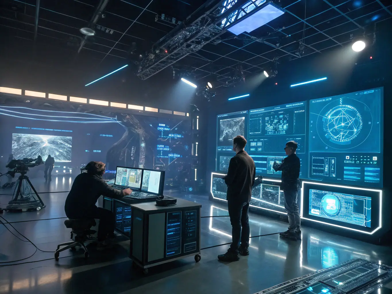 A cosmic innovation lab with scientists and engineers illuminated by glowing lights, working on advanced technology.